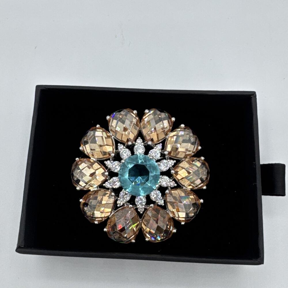 Vintage CWE Sterling Silver 925 Multi-Stone Brooch Pin Aqua Amber Blue CZ 2”